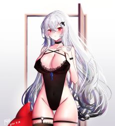 Rule 34 | 1girl, alternate costume, arknights, bad id, bad pixiv id, bare arms, bare shoulders, black choker, black hair, black leotard, black thighhighs, blush, bracelet, breasts, choker, cleavage, collarbone, covered navel, cowboy shot, dated, gradient hair, groin, hair between eyes, hand on own chest, heart o-ring, highres, jewelry, lace, lace-trimmed choker, lace-trimmed legwear, lace-trimmed leotard, lace trim, large breasts, leotard, long hair, looking at viewer, moonlgnance, multicolored hair, open door, orca hair ornament, parted lips, red eyes, silver hair, single thighhigh, skadi (arknights), solo, sparkle, stuffed orca, stuffed toy, thigh strap, thighhighs, underwear, underwear only, very long hair