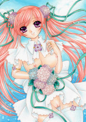 Rule 34 | 1girl, absurdres, breasts, cleft of venus, dress, female focus, flower, garter straps, green ribbon, hair flower, hair ornament, hair ribbon, highres, hydrangea, jewelry, large breasts, long hair, looking at viewer, marker (medium), mocomoco party, nipples, no panties, original, pink hair, purple eyes, pussy, ribbon, ring, smile, solo, thighhighs, traditional media, twintails, uncensored, wedding dress, white thighhighs