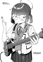 Rule 34 | 1girl, absurdres, bandaged hand, bandages, blue archive, blush, cable, closed mouth, collared shirt, electric guitar, glasses, greyscale, guitar, hair ribbon, halo, hand up, highres, holding, holding guitar, holding instrument, holding plectrum, instrument, jacket, looking at viewer, millennium science school student a (blue archive), monochrome, necktie, open clothes, open jacket, pleated skirt, plectrum, ribbon, round eyewear, shirt, short hair, short sleeves, short twintails, skirt, smile, smug, solo, standing, sweater vest, translated, twintails, twitter username, upper body, v-shaped eyebrows, yaguruma shima