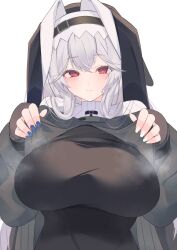 Rule 34 | 1girl, arknights, blue nails, breasts, chunta, closed mouth, clothes lift, commentary request, headpiece, highres, large breasts, lifted by self, long hair, looking at viewer, red eyes, simple background, smile, solo, specter (arknights), steaming body, upper body, white background, white hair