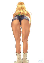 Rule 34 | 1girl, ass, bent over, blonde hair, boots, commentary request, dark-skinned female, dark skin, denim, denim shorts, facing away, from behind, gyaru, hand on own leg, highres, idolmaster, idolmaster shiny colors, izumi mei, legs, long hair, short shorts, shorts, signature, simple background, solo, standing, suna (sandworks), white background, white footwear