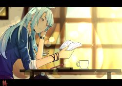 Rule 34 | 1girl, alternate costume, azura cecillia, blue eyes, blue hair, blue sweater, book, collared shirt, commentary, cup, english commentary, head tilt, highres, holding, holding book, lens flare, letterboxed, multicolored hair, nijisanji, nijisanji id, open book, pink hair, shirt, solo, sparkle, streaked hair, sweater, tama (tamama 48), teacup, virtual youtuber, white shirt, window