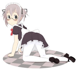 Rule 34 | black eyes, dress, glasses, kneeling, looking back, maid, maid headdress, original, oza watto, panties, panties under pantyhose, pantyhose, pantyshot, short hair, short twintails, silver hair, solo, twintails, underwear, white pantyhose