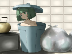 Rule 34 | 1girl, collarbone, empty eyes, female focus, green eyes, green hair, hair bobbles, hair ornament, in container, kettle, kisume, matching hair/eyes, poverty, shirosato, short hair, solo, touhou, trash can, twintails