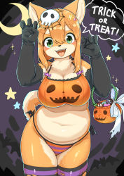 Rule 34 | 1girl, 848siba, animal ears, bikini, black gloves, blush, body fur, breasts, candy, claw pose, cleavage, crescent moon, dog ears, dog tail, elbow gloves, fangs, female focus, food, furry, furry female, gloves, green eyes, hair ornament, halloween, halloween costume, highres, large breasts, looking at viewer, moon, navel, open mouth, orange hair, original, plump, skull hair ornament, solo, striped bikini bottom, striped clothes, striped thighhighs, swimsuit, tail, teeth, thighhighs, trick or treat, uvula
