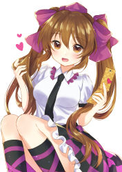 Rule 34 | 1girl, arms up, black necktie, blouse, breasts, brown eyes, brown hair, cellphone, checkered clothes, checkered skirt, commentary, convenient leg, feet out of frame, flip phone, frilled shirt collar, frills, hair between eyes, hair ribbon, hand in own hair, hat, heart, himekaidou hatate, holding, holding phone, kirisita, kneehighs, knees up, leaning to the side, leg ribbon, legs together, light particles, long hair, looking at viewer, medium breasts, necktie, petticoat, phone, purple hat, purple socks, ribbon, shirt, short sleeves, simple background, sitting, skirt, socks, solo, tokin hat, touhou, twintails, twintails day, very long hair, white background, white shirt
