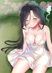 Rule 34 | 1girl, algorhythm project, bare legs, black hair, breasts, commission, dress, evalia (algorhythm project), green eyes, green hair, highres, hitodama, jewelry, long hair, medium breasts, multicolored hair, naimeow, second-party source, smile, solo, thai commentary, very long hair, virtual youtuber, white dress