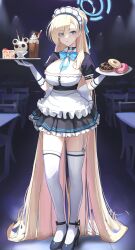 Rule 34 | 1girl, absurdres, asuna (blue archive), black footwear, blonde hair, blue archive, blue eyes, blush, breasts, cake, choker, cleavage, dolri, doughnut, food, garter straps, gloves, halo, high heels, highres, ice cream, large breasts, long hair, maid, maid headdress, mole, mole on breast, solo, thighhighs, very long hair, white gloves, white thighhighs