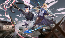 Rule 34 | 2girls, animal ears, arknights, bird, black coat, black headwear, black jacket, black legwear, black skirt, blonde hair, blood, blue flower, blue rose, blue shirt, blue sky, bow (weapon), brown legwear, building, burnt clothes, cat ears, character request, chinese commentary, closed mouth, coat, collared shirt, commentary request, copyright request, crossbow, day, ears through headwear, fence, fingerless gloves, firing, flower, gloves, hair between eyes, hair flower, hair ornament, headset, highres, holding, holding sword, holding weapon, hongbaise raw, injury, jacket, long hair, long sleeves, miniskirt, multiple girls, official alternate costume, on one knee, open clothes, open coat, open mouth, outdoors, pants, pantyhose, pleated skirt, rose, schwarz (arknights), schwarz (skyline) (arknights), shirt, silver hair, skindentation, skirt, sky, sword, tight clothes, tight pants, torn clothes, torn jacket, torn legwear, torn pants, torn shirt, v-shaped eyebrows, very long hair, vest, weapon, white pants, white vest, yellow eyes
