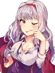 Rule 34 | 1girl, blunt bangs, blush, breasts, buttons, cleavage, collarbone, collared shirt, commentary, dress shirt, eyelashes, focused, fringe trim, from above, hairband, hand on own hip, hand up, high-waist skirt, highres, idolmaster, idolmaster (classic), large breasts, long hair, long sleeves, looking at viewer, neck ribbon, one eye closed, partially unbuttoned, pointing, pointing at self, pointing finger, purple eyes, purple ribbon, purple shawl, purple skirt, red hairband, ribbon, shawl, shijou takane, shirt, silver hair, simple background, skirt, smile, solo, suspender skirt, suspenders, tongue, tongue out, tuxedo de cat, undone neck ribbon, upper body, wavy hair, white background, white shirt