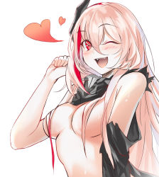 Rule 34 | 1girl, ;d, bad id, bad pixiv id, bandana, blush, breasts, fangs, female focus, girls&#039; frontline, hair between eyes, hair censor, hair over breasts, hand up, headgear, heart, highres, long hair, looking at viewer, m4 sopmod ii (girls&#039; frontline), medium breasts, multicolored hair, one eye closed, open mouth, pink hair, red hair, simple background, smile, solo, streaked hair, suru (ksoo420), teeth, topless, topless frame, torn clothes, upper body, very long hair, white background