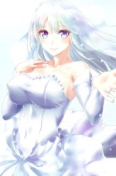 Rule 34 | 1girl, absurdres, azur lane, bare shoulders, blue dress, blue eyes, blush, breasts, cleavage, collarbone, detached sleeves, dress, enterprise (azur lane), highres, jewelry, large breasts, long hair, looking at viewer, minarai tenna, parted lips, ring, smile, solo, upper body, veil, wedding band, wedding dress