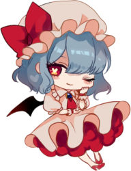 Rule 34 | 1girl, ;), ascot, bat wings, blue hair, blush stickers, bow, brooch, chibi, daimaou ruaeru, dress, frilled shirt collar, frills, full body, hand on own cheek, hand on own face, hand up, hat, hat bow, heart, heart-shaped pupils, high heels, jewelry, looking at viewer, lowres, mob cap, one eye closed, petticoat, pink dress, pink hat, puffy short sleeves, puffy sleeves, red ascot, red bow, red eyes, red footwear, remilia scarlet, short hair, short sleeves, simple background, smile, solo, symbol-shaped pupils, touhou, white background, wings, wrist cuffs