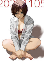 Rule 34 | 1girl, barefoot, bra, breasts, brown eyes, brown hair, cleavage, closed mouth, full body, highres, indian style, light smile, long sleeves, looking at viewer, medium breasts, meiko (vocaloid), meriko, nail polish, open clothes, open shirt, red bra, see-through, see-through shirt, shadow, shirt, short hair, sitting, smile, solo, underwear, vocaloid, white background, white shirt