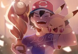 Rule 34 | &gt; &lt;, 1boy, 2019, animal, animal on shoulder, ash ketchum, baseball cap, commentary, creatures (company), double v, english commentary, game freak, gen 1 pokemon, happy tears, hat, highres, nintendo, nyantcha, pikachu, pokemon, pokemon (anime), pokemon (creature), pokemon sm139, pokemon sm (anime), spoilers, tears, trophy, v