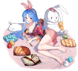 Rule 34 | 1girl, ark order, artist request, asa no ha (pattern), bare legs, blue hair, bow, bow hairband, bra, breasts, dagger, feet, floral print, hairband, hexagon, kinomata no kami (ark order), knife, looking at viewer, lying, official art, on side, orange bow, pillow, pink bow, pink hairband, pink scrunchie, pink shirt, pink shorts, plaid pillow, scrunchie, seigaiha, sheath, shirt, short shorts, shorts, sidelocks, solo, stuffed animal, stuffed bird, stuffed rabbit, stuffed toy, tachi-e, toenails, transparent background, underwear, unmoving pattern, unsheathing, weapon, white bra, wide sleeves, yellow eyes