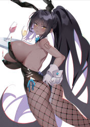 Rule 34 | 1girl, absurdres, adjusting clothes, animal ears, areola slip, ass, backless leotard, bare shoulders, black hair, black leotard, black pantyhose, blue archive, blue bow, blue bowtie, blush, bouncing breasts, bow, bowtie, breasts, colored inner hair, cup, curvy, dark-skinned female, dark skin, detached collar, drinking glass, dutch angle, fake animal ears, fake tail, fang, feet out of frame, fishnet pantyhose, fishnets, from behind, gloves, highleg, highleg leotard, highres, holding, holding tray, karin (blue archive), karin (bunny) (blue archive), large breasts, leotard, long hair, looking at viewer, looking back, man niu no da shengli, multicolored hair, number tattoo, official alternate costume, open mouth, pantyhose, playboy bunny, purple hair, rabbit ears, rabbit tail, shiny clothes, shiny skin, shoulder tattoo, sidelocks, simple background, skindentation, solo, standing, tail, tattoo, traditional bowtie, tray, two-tone hair, v-shaped eyebrows, very long hair, white background, white gloves, wide hips, wrist cuffs, yellow eyes