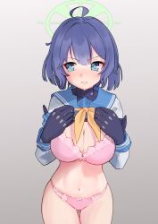 Rule 34 | 1girl, absurdres, ahoge, blue archive, blue gloves, blue hair, blush, bra, breasts, cleavage, clothes lift, cowboy shot, embarrassed, gloves, gluteal fold, gradient background, halo, highres, large breasts, lifted by self, long sleeves, looking to the side, navel, neckerchief, no pants, nose blush, panties, pink bra, pink panties, saki (blue archive), shirt, shirt lift, short hair, solo, standing, sweat, tananne, underwear, v-shaped eyebrows, white shirt, yellow neckerchief