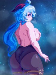 Rule 34 | 1girl, ass, bare back, benbeau, black leotard, black pantyhose, blue hair, breasts, covering breasts, covering privates, cowboy shot, from behind, ganyu (genshin impact), genshin impact, highres, horns, huge ass, large breasts, leotard, long hair, looking at viewer, night, night sky, open mouth, pantyhose, purple eyes, shiny skin, sky, solo, standing, star (sky), starry sky, thick thighs, thighs, topless