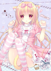 Rule 34 | 1girl, :o, animal ears, animal print, blonde hair, blush, bow, breasts, cat ears, cat print, cat tail, convenient leg, dress, frilled dress, frills, hair bow, heart, kohinata hoshimi, long hair, looking at viewer, medium breasts, original, paw pose, red eyes, short sleeves, sitting, solo, sparkle, star (symbol), striped clothes, striped thighhighs, tail, thighhighs, wrist cuffs