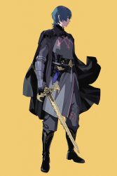 Rule 34 | 1boy, absurdres, armor, black armor, black cape, black footwear, black gloves, blue eyes, blue hair, boots, breastplate, byleth (fire emblem), byleth (male) (fire emblem), cape, closed mouth, commentary, fire emblem, fire emblem: three houses, full body, gauntlets, gloves, highres, holding, holding sword, holding weapon, kazo (kidokazo), knife, looking at viewer, male focus, nintendo, profile, simple background, solo, sword, sword of the creator, weapon, yellow background