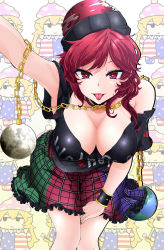 Rule 34 | 1girl, american flag dress, bare shoulders, black shirt, breasts, chain, chibi, chibi inset, cleavage, clothes writing, clownpiece, collar, come hither, earth (ornament), hat, hecatia lapislazuli, highres, jester cap, jitome, large breasts, looking at viewer, miniskirt, moon (ornament), multicolored clothes, multicolored skirt, nail polish, neck ruff, pantyhose, polka dot, poop on a stick, red eyes, red hair, red nails, rihito (usazukin), shirt, short sleeves, skirt, star-shaped pupils, star (symbol), symbol-shaped pupils, t-shirt, tongue, tongue out, touhou, tsurime, wrist cuffs