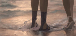 2girls absurdres ange_katrina ange_katrina_(2nd_costume) beach black_footwear commentary_request feet foot_focus highres lize_helesta lize_helesta_(2nd_costume) multiple_girls nijisanji out_of_frame outdoors sandals shoes splashing standing sunset virtual_youtuber wading water white_footwear zxjv