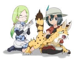 Rule 34 | 10s, 2girls, ^ ^, animal, animalization, ankle boots, black gloves, black hair, black socks, blue eyes, boots, camouflage, claws, closed eyes, commentary request, fang, glasses, gloves, green hair, hat, hat feather, injection, kaban (kemono friends), kemono friends, kneehighs, mirai (kemono friends), multiple girls, needle, pantyhose, ponytail, raya, raya (yuri15923), rubber gloves, scared, seiza, serval, serval (kemono friends), short hair, shorts, simple background, sitting, smile, socks, sweatdrop, syringe, tears, truth, wariza, white background, white gloves