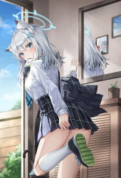 Rule 34 | 1girl, animal ear fluff, animal ears, bag, black jacket, black skirt, blue archive, blue eyes, caba (caba091), cabinet, cat ears, closed umbrella, collared shirt, doorway, from side, hair ornament, hairclip, halo, highres, id card, indoors, jacket, jacket partially removed, kneehighs, leg up, lens flare, long hair, long sleeves, looking at viewer, looking back, miniskirt, mirror, mouth hold, necktie, plaid, plaid skirt, pleated skirt, shiroko (blue archive), shirt, shirt tucked in, shoe soles, shoes, shoulder bag, skirt, skirt tug, sneakers, socks, solo, standing, standing on one leg, umbrella, umbrella stand, white hair, white shirt, white socks, x hair ornament