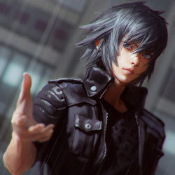 Rule 34 | 10s, 1boy, bad id, bad tumblr id, black shirt, blouse, blue eyes, blurry, blurry background, breast pocket, collared jacket, depth of field, eyelashes, final fantasy, final fantasy xv, grey hair, hair between eyes, ilya kuvshinov, jacket, looking at viewer, male focus, noctis lucis caelum, outdoors, outstretched hand, pocket, print shirt, rain, reaching, reaching towards viewer, realistic, shirt, short hair, sidelocks, solo, spiked hair, standing, upper body, vest, wet, wet hair