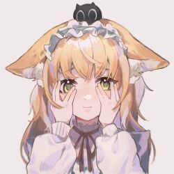 Rule 34 | 1girl, animal ear fluff, animal ears, arknights, arms up, black cat, blonde hair, blue hairband, blurry, blush, cat, chinese commentary, closed mouth, commentary request, covering face, cowlick, crossed bangs, film grain, fox ears, fox girl, frilled hairband, frills, green eyes, grey background, hair ornament, hairband, heixiu, highres, long hair, long sleeves, milkjiangmz, multicolored hair, neck ribbon, official alternate costume, on head, portrait, puffy long sleeves, puffy sleeves, red ribbon, ribbon, sidelocks, simple background, sleeve cuffs, solo, suzuran (arknights), suzuran (spring praise) (arknights), luo xiaohei zhanji, two-tone hair, white hair