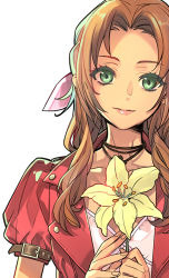 Rule 34 | 1girl, aerith gainsborough, brown hair, buttons, choker, colored eyelashes, dress, final fantasy, final fantasy vii, final fantasy vii remake, flower, flower choker, green eyes, hair ribbon, holding, holding flower, ito noizi, jacket, lily (flower), looking at viewer, own hands together, parted bangs, pink dress, pink ribbon, puffy short sleeves, puffy sleeves, red jacket, ribbon, short sleeves, sidelocks, smile, solo, square enix, upper body, wavy hair, white background, yellow flower
