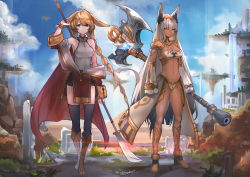Rule 34 | 2girls, absurdres, animal ears, armor, axe, blade, blonde hair, blue eyes, boots, bracelet, breasts, brown eyes, brown footwear, cape, character request, commission, copyright request, dark-skinned female, dark skin, facepaint, fantasy, floating island, full body, headgear, high heel boots, high heels, highres, jewelry, knee boots, large breasts, leg armor, long hair, looking at viewer, medium breasts, multiple girls, navel, neonbeat, red cape, shoulder armor, signature, standing, stomach, white hair