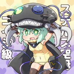 Rule 34 | 1girl, abyssal ship, aqua hair, cape, cosplay, fang, gloves, gradient background, green eyes, heart, heart background, jinnouchi akira, kantai collection, komeiji koishi, looking at viewer, one-piece swimsuit, school swimsuit, sharp teeth, short hair, solo, swimsuit, teeth, thighhighs, third eye, touhou, wo-class aircraft carrier, wo-class aircraft carrier (cosplay)