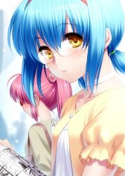 Rule 34 | 2girls, blue hair, blurry, blurry background, blush, breasts, casual, choker, close-up, collarbone, commentary request, glasses, hair between eyes, hairband, lips, little busters!, looking at viewer, multiple girls, nishizono mio, parted lips, ponytail, puffy short sleeves, puffy sleeves, purple hair, red hairband, saigusa haruka, shirt, short ponytail, short sleeves, small breasts, solo focus, white choker, yellow eyes, yellow shirt, zen (kamuro)