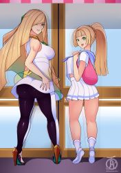 Rule 34 | 2girls, absurdres, ass, blonde hair, breasts, creatures (company), from behind, full body, game freak, green eyes, high heels, highres, legs, lillie (pokemon), looking at viewer, looking back, lusamine (pokemon), mother and daughter, multiple girls, nintendo, pokemon, pokemon sm, ponytail, revolverwing, skirt, smile, thighs