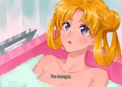 Rule 34 | 1girl, alternate hairstyle, bath, bishoujo senshi sailor moon, bishoujo senshi sailor moon (first season), blonde hair, blue eyes, breasts, collarbone, commentary request, derivative work, english text, hair rings, looking up, medium breasts, meme, nude, partially submerged, sailor moon redraw challenge (meme), screenshot redraw, solo, subtitled, topless, tsukino usagi, upper body, water, zoosama