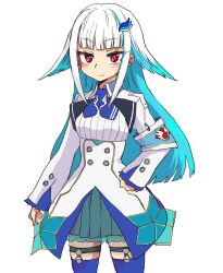 Rule 34 | 1girl, armband, blue hair, blue skirt, blue thighhighs, closed mouth, commentary request, hair flaps, hair ornament, hand on own hip, highres, jacket, lize helesta, lize helesta (1st costume), long hair, long sleeves, looking at viewer, multicolored hair, nijisanji, pleated skirt, red eyes, safety pin, shirt, simple background, skirt, sleeves past wrists, smile, solo, suzurino, thighhighs, two-tone hair, very long hair, virtual youtuber, white background, white hair, white jacket, white shirt