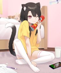 Rule 34 | 1girl, animal ear fluff, animal ears, artist self-insert, bed, bed frame, bed sheet, black hair, blurry, blurry background, blush, bottomless, cat ears, cat girl, cellphone, closed mouth, commentary, curtains, drawing, english commentary, eraser, full body, glass, hand up, indoors, long hair, looking at viewer, milk, no shoes, on floor, one eye closed, original, paper, pencil, phone, pringles, pringles can, purple rug, red eyes, shirt, short sleeves, sitting, smartphone, smile, solo, stuffed animal, stuffed toy, svet yomi, tail, thighhighs, white thighhighs, wooden floor, yellow shirt