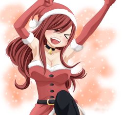 Rule 34 | 1girl, black legwear, breasts, erza scarlet, fairy tail, gloves, hat, highres, large breasts, open mouth, red hair, santa costume, santa hat