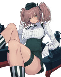 Rule 34 | 1girl, atlanta (kancolle), black hat, black skirt, brown hair, buttons, closed mouth, earrings, garrison cap, gloves, grey eyes, hat, high-waist skirt, highres, jewelry, kantai collection, long hair, long sleeves, machinery, oweee, rigging, shirt, simple background, single earring, skirt, solo, star (symbol), star earrings, suspender skirt, suspenders, two side up, white background, white gloves, white shirt