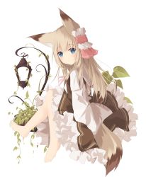 Rule 34 | 1girl, animal ear fluff, animal ears, barefoot, blue eyes, brown dress, brown hair, closed mouth, commentary request, dress, fox ears, fox girl, fox tail, frilled dress, frills, full body, hair between eyes, highres, kushida you, lantern, long hair, long sleeves, multicolored hair, original, plant, shirt, simple background, sitting, sleeves past wrists, solo, tail, two-tone hair, very long hair, white background, white shirt