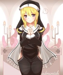 Rule 34 | 1girl, ?, absurdres, black dress, blonde hair, blush, breasts, candlestand, closed mouth, cross, dress, english text, fire, grey eyes, habit, hair between eyes, hands up, highres, indoors, latin cross, long hair, long sleeves, looking at viewer, medium breasts, non (wednesday-classic), nun, original, own hands clasped, own hands together, sleeves past wrists, smile, solo, spoken question mark, tentacles