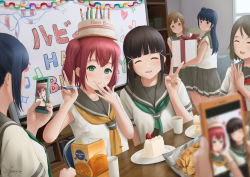 Rule 34 | 6+girls, :d, ^ ^, arm up, bad id, bad pixiv id, beamed eighth notes, birthday party, black hair, blue hair, blunt bangs, blurry, blurry foreground, blush, bottle, bow, box, brown eyes, brown hair, cake, cake hat, cake slice, candle, cellphone, chocolate, clapping, closed eyes, closed mouth, commentary, cup, depth of field, disposable cup, english commentary, food, food on face, fork, fruit, gift, gift box, green eyes, green neckerchief, grey neckerchief, hair ornament, hairclip, hand on own face, happy birthday, heart, holding, holding fork, holding gift, juice, kunikida hanamaru, kurosawa dia, kurosawa ruby, love live!, love live! sunshine!!, matsuura kanan, multiple girls, musical note, neckerchief, on chair, open mouth, orange juice, papi (papiron100), parted lips, phone, plate, red bow, red eyes, red hair, red neckerchief, school uniform, shelf, shirt, short hair, short sleeves, sidelocks, signature, sitting, smartphone, smile, strawberry, table, taking picture, tsushima yoshiko, two side up, uranohoshi school uniform, v, watanabe you, white shirt, whiteboard, wiping face, wooden table, yellow neckerchief