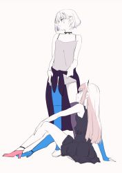 Rule 34 | 2girls, :d, arm support, armpit peek, bare arms, beige background, black choker, black dress, black legwear, blunt bangs, casual, choker, closed mouth, clothes around waist, collarbone, darling in the franxx, dress, eyebrows, facepaint, flat color, from side, hand on own hip, hand on own leg, high heels, ichigo (darling in the franxx), knees up, light smile, limited palette, long hair, looking away, multiple girls, open mouth, outstretched arm, partially colored, pink hair, pleated dress, pointy ears, shoes, short dress, short hair, simple background, sitting, sleeveless, sleeveless dress, smile, sohin, standing, tsurime, very long hair, zero two (darling in the franxx)