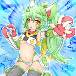 Rule 34 | akua1117, armor, duel monster, fingerless gloves, gloves, green hair, long hair, panties, personification, ponytail, striped clothes, striped panties, thighhighs, underwear, windup, windup soldier, yellow eyes, yu-gi-oh!, yu-gi-oh! duel monsters