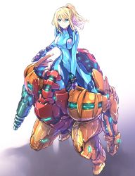 Rule 34 | 1girl, absurdres, arm cannon, armor, blonde hair, blue bodysuit, bodysuit, breasts, cannon, closed mouth, commentary request, covered navel, directed-energy weapon, energy cannon, energy gun, energy weapon, full body, glowing, green eyes, gun, hair between eyes, handgun, high ponytail, highres, holding, holding gun, holding weapon, ishiyumi, large breasts, long hair, looking at viewer, metroid, nintendo, paralyzer, pistol, power armor, samus aran, sidelocks, solo, twisted torso, varia suit, weapon, zero suit
