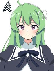 Rule 34 | 1girl, ahoge, arms at sides, assault lily, black ribbon, blush, bow hairband, breasts, buttons, closed mouth, commentary request, cropped jacket, green hair, hair ribbon, hairband, highres, juliet sleeves, large breasts, long hair, long sleeves, looking at viewer, neck ribbon, puffy sleeves, purple eyes, ribbon, school uniform, shirt, simple background, squiggle, sweatdrop, tanaka ichi, ueda (ueeeeeeeee1006), upper body, white background, white hairband, white ribbon, white shirt, yurigaoka girls academy school uniform