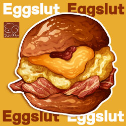 Rule 34 | artist logo, bread, burger, cheese, egg (food), food, food focus, food name, highres, meat, no humans, original, yellow background, yuki00yo