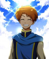 Rule 34 | 1boy, brown hair, clenched teeth, closed eyes, cloud, gensou suikoden, gensou suikoden i, highres, male focus, pesca, short hair, smile, solo, ted (suikoden), teeth